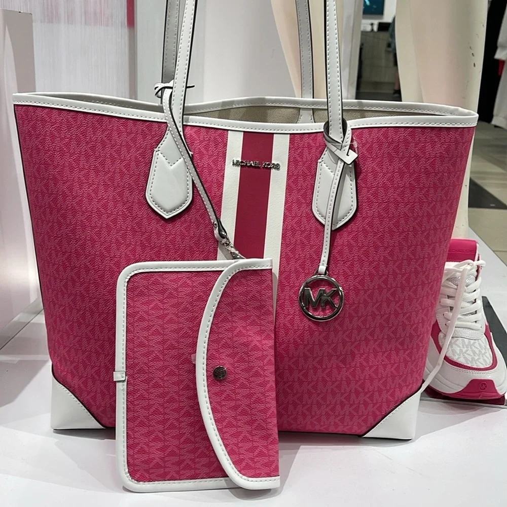 Michael Kors Eva Large Signature Logo Stripe Shoulder Tote Bag Dragonfruit  NWT